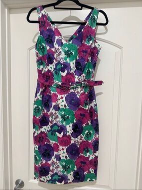 Laura Ashley Green, Purple & Pink Floral Belted Midi Dress